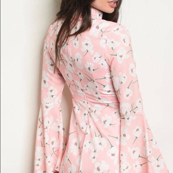 PINK FLORAL CHOKER NECK LONG SLEEVE DRESS LARGE - Picture 5 of 5